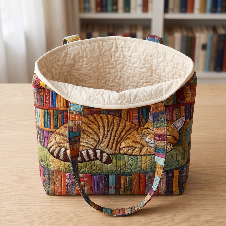 Bookish Cat Nap Quilted Tote Bag