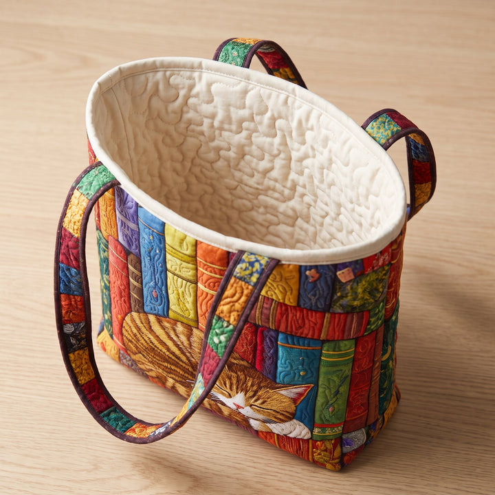 Vintage Library Cat Quilted Tote Bag