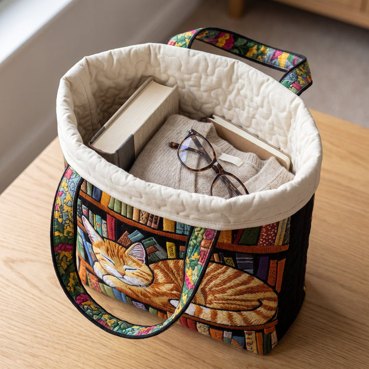 Cat Loves Books Quilted Tote Bag