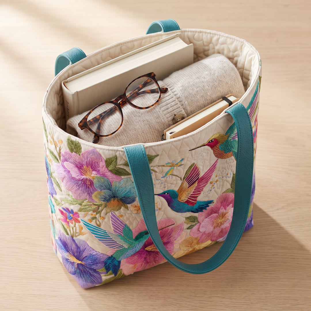 Hummingbird Garden Bloom Quilted Tote Bag