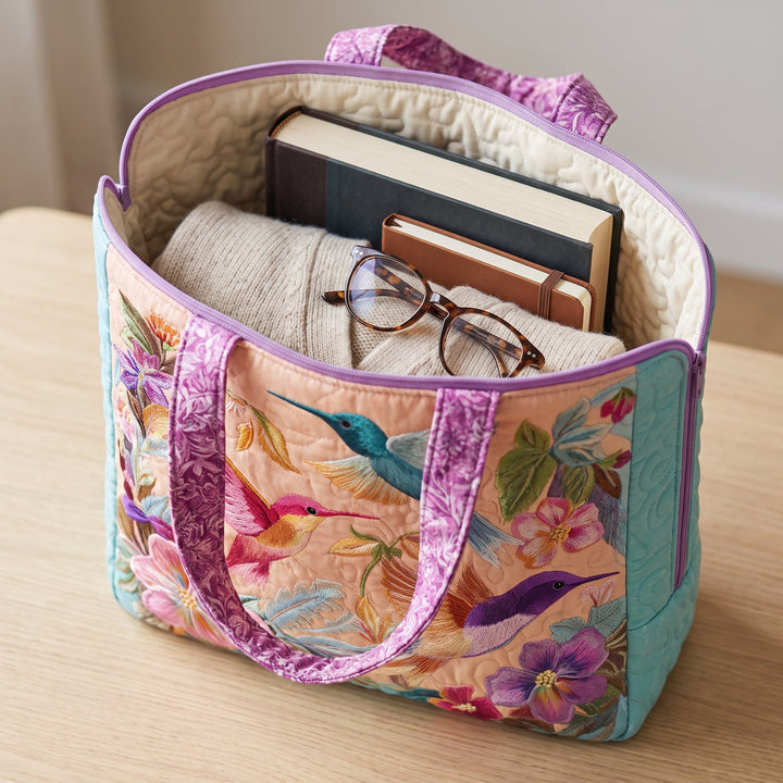 Hummingbird Flower Quilted Tote Bag