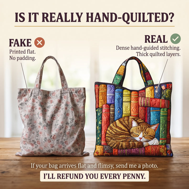 Vintage Library Cat Quilted Tote Bag