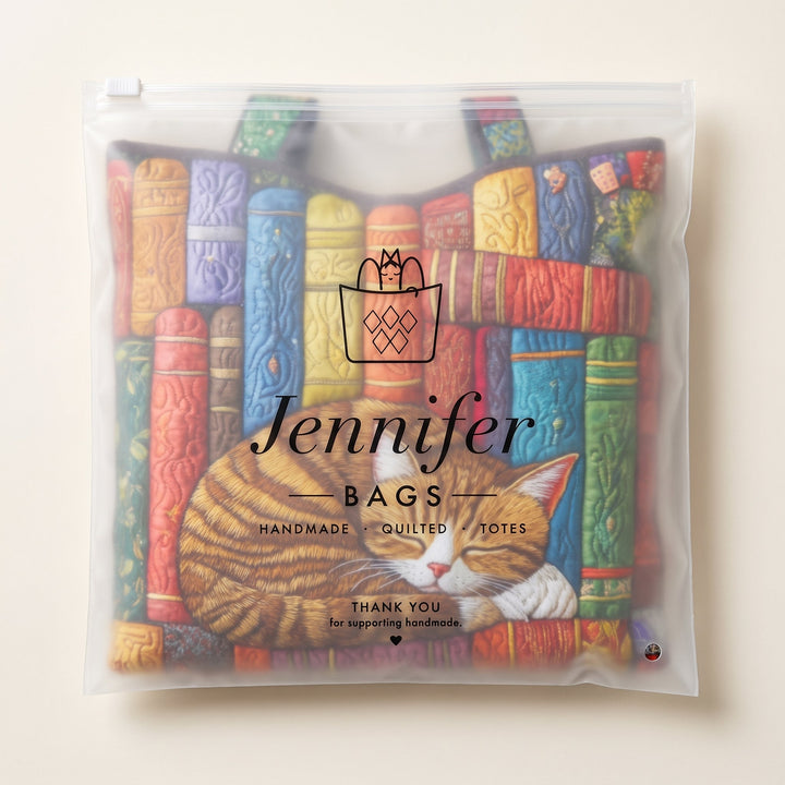 Vintage Library Cat Quilted Tote Bag