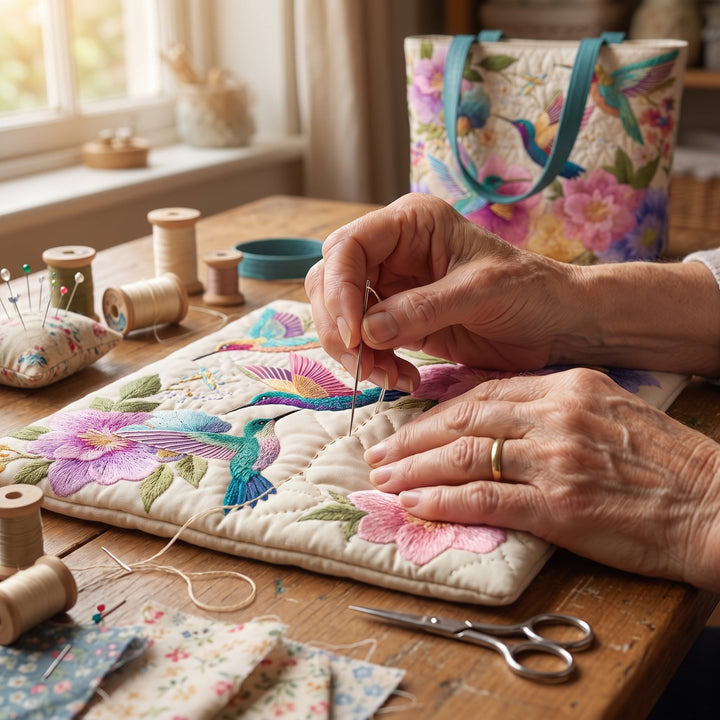 Hummingbird Garden Bloom Quilted Tote Bag