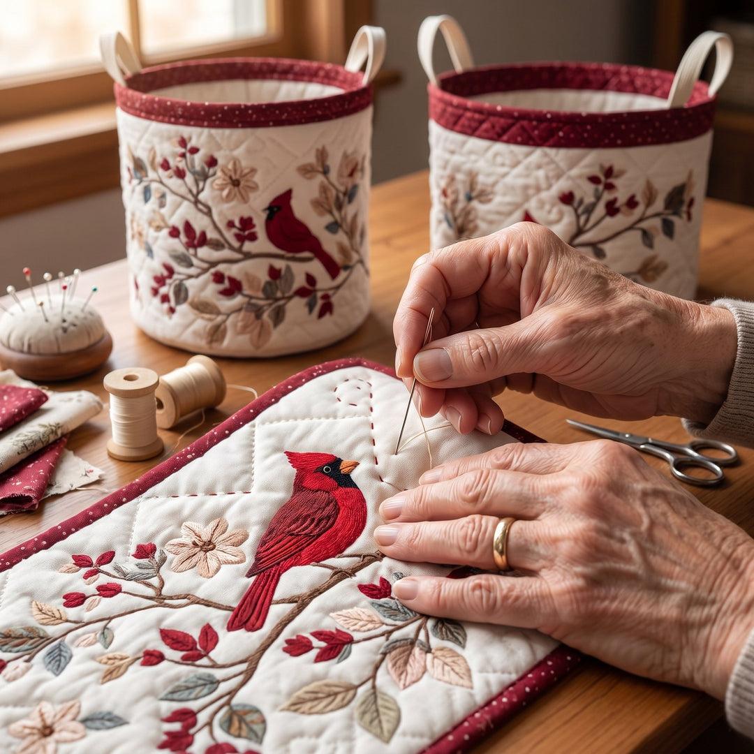 Carmine Leaves Quilted Laundry Basket