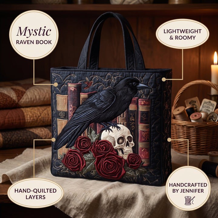 Mystic Raven Book Quilted Tote Bag