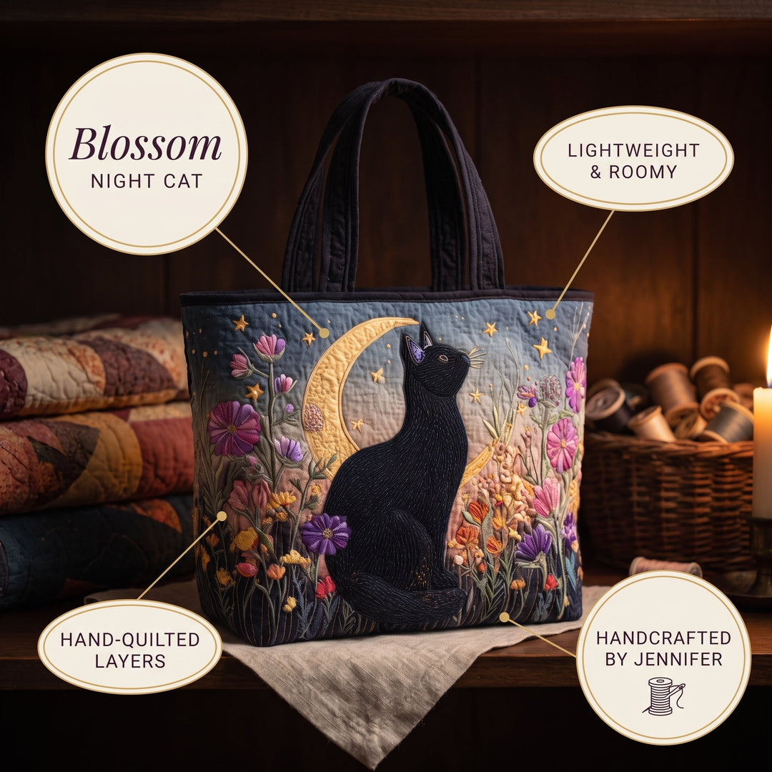 Blossom Night Cat Quilted Tote Bag