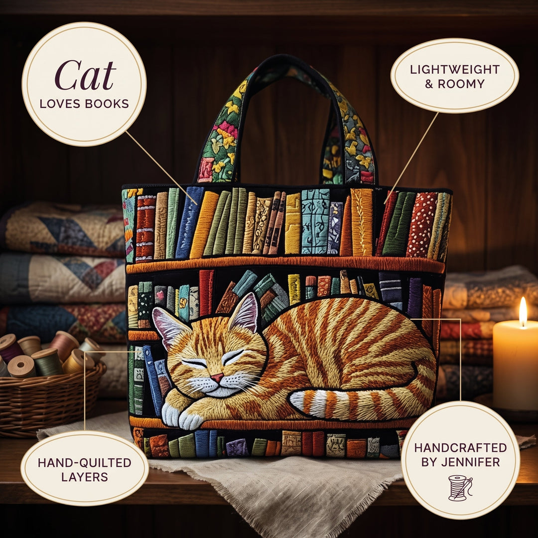 Cat Loves Books Quilted Tote Bag