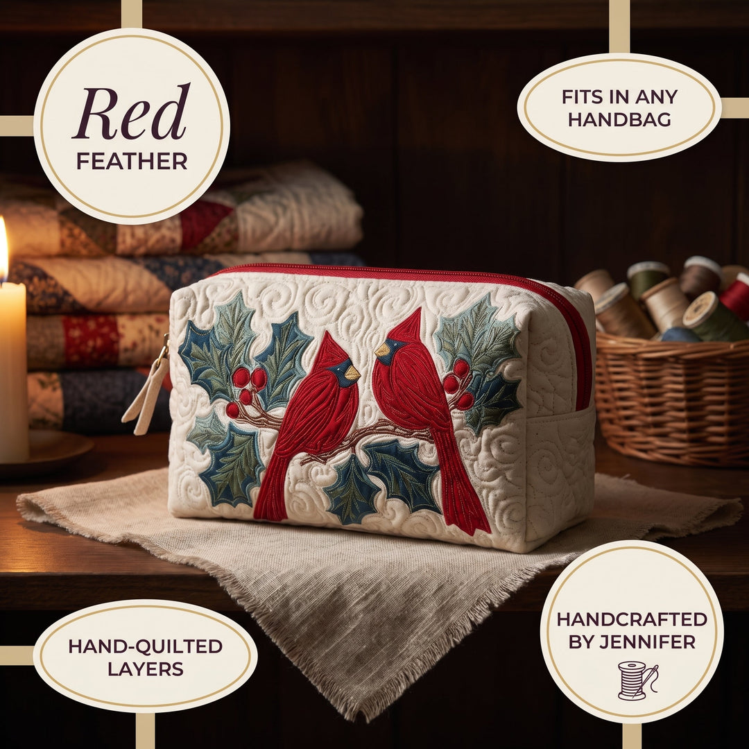 Red Feather Quilted Makeup Bag