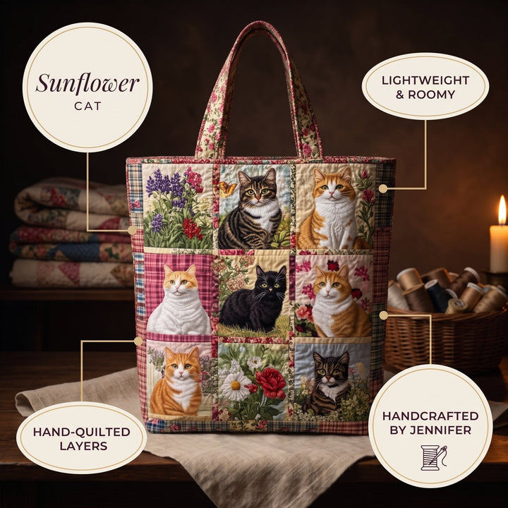 Sunflower Cat Quilted Tote Bag