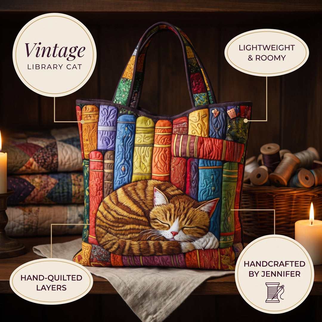 Vintage Library Cat Quilted Tote Bag