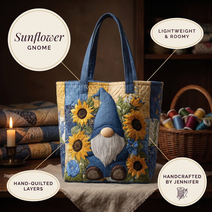 Sunflower Gnome Quilted Tote Bag