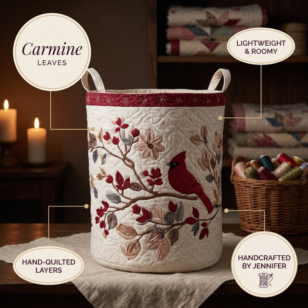 Carmine Leaves Quilted Laundry Basket