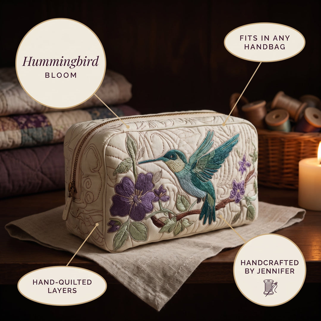 Hummingbird Bloom Quilted Makeup Bag