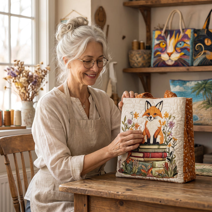 Bookish Fox Quilted Tote Bag