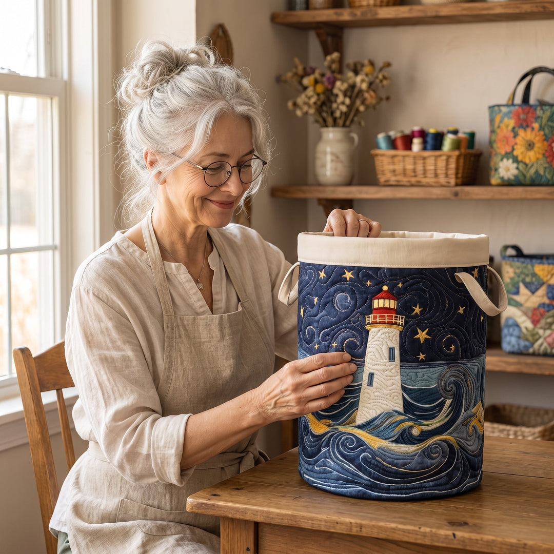 Lighthouse at Dusk Quilted Laundry Basket