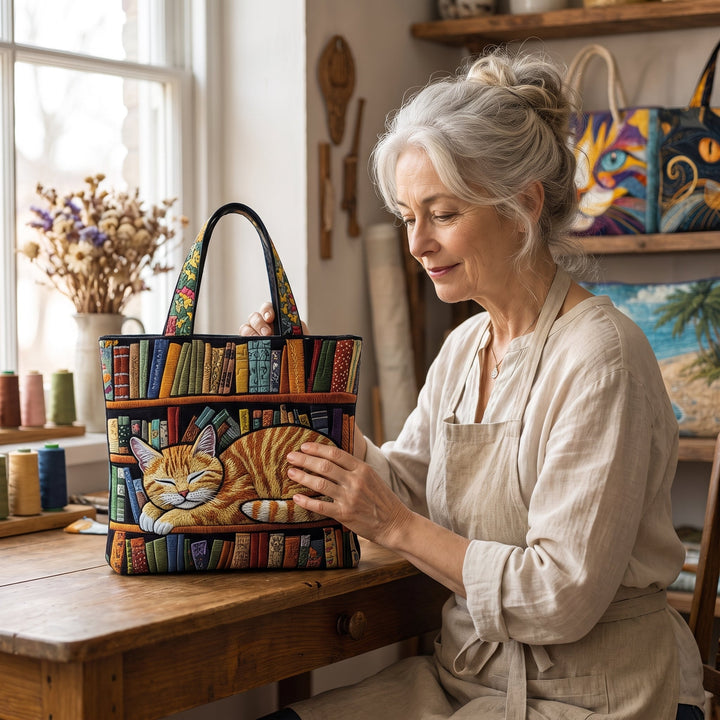 Cat Loves Books Quilted Tote Bag