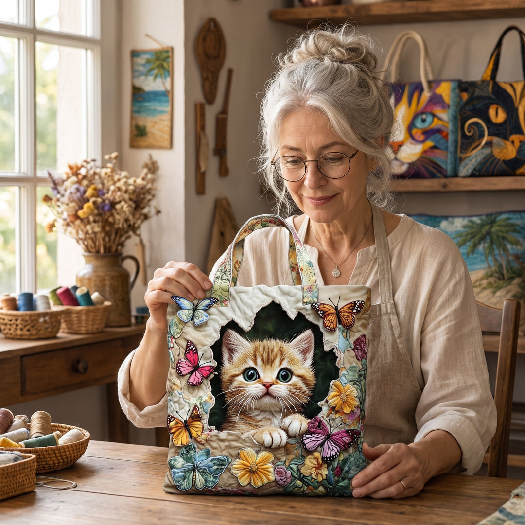 Butterfly Cat Quilted Tote Bag