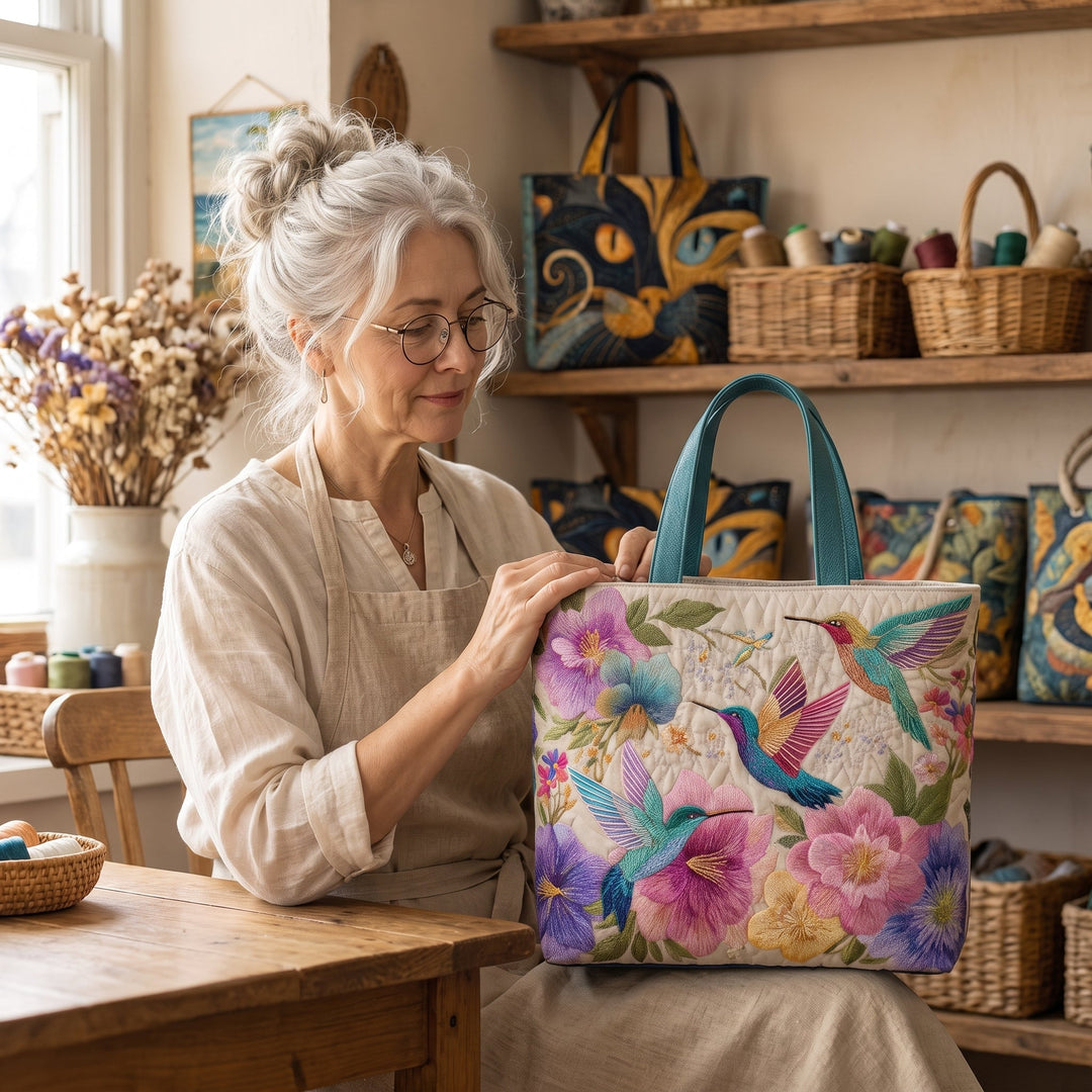 Hummingbird Garden Bloom Quilted Tote Bag
