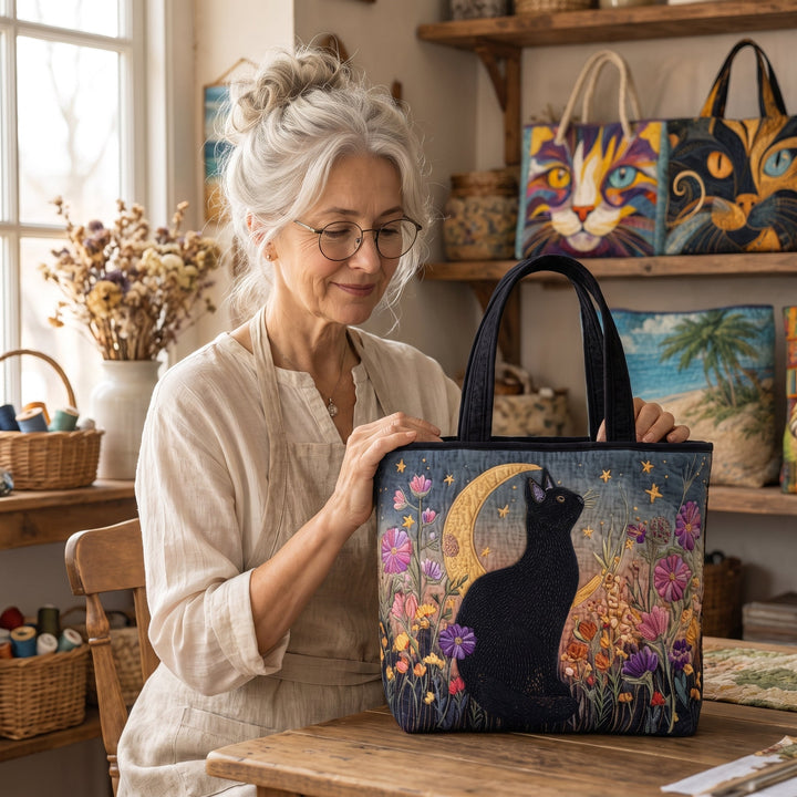 Blossom Night Cat Quilted Tote Bag