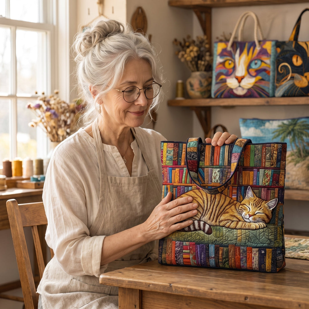 Bookish Cat Nap Quilted Tote Bag