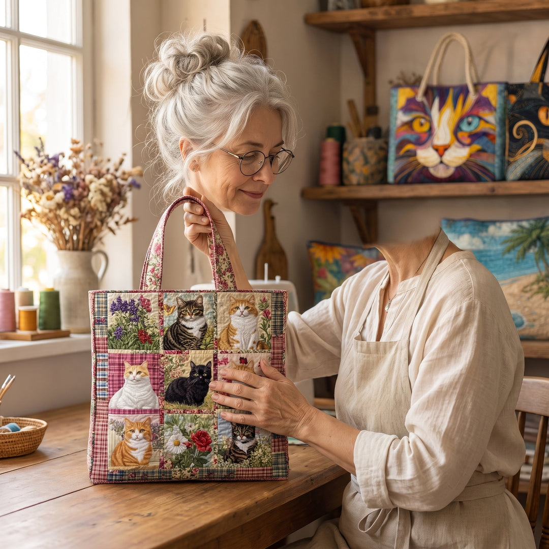 Sunflower Cat Quilted Tote Bag