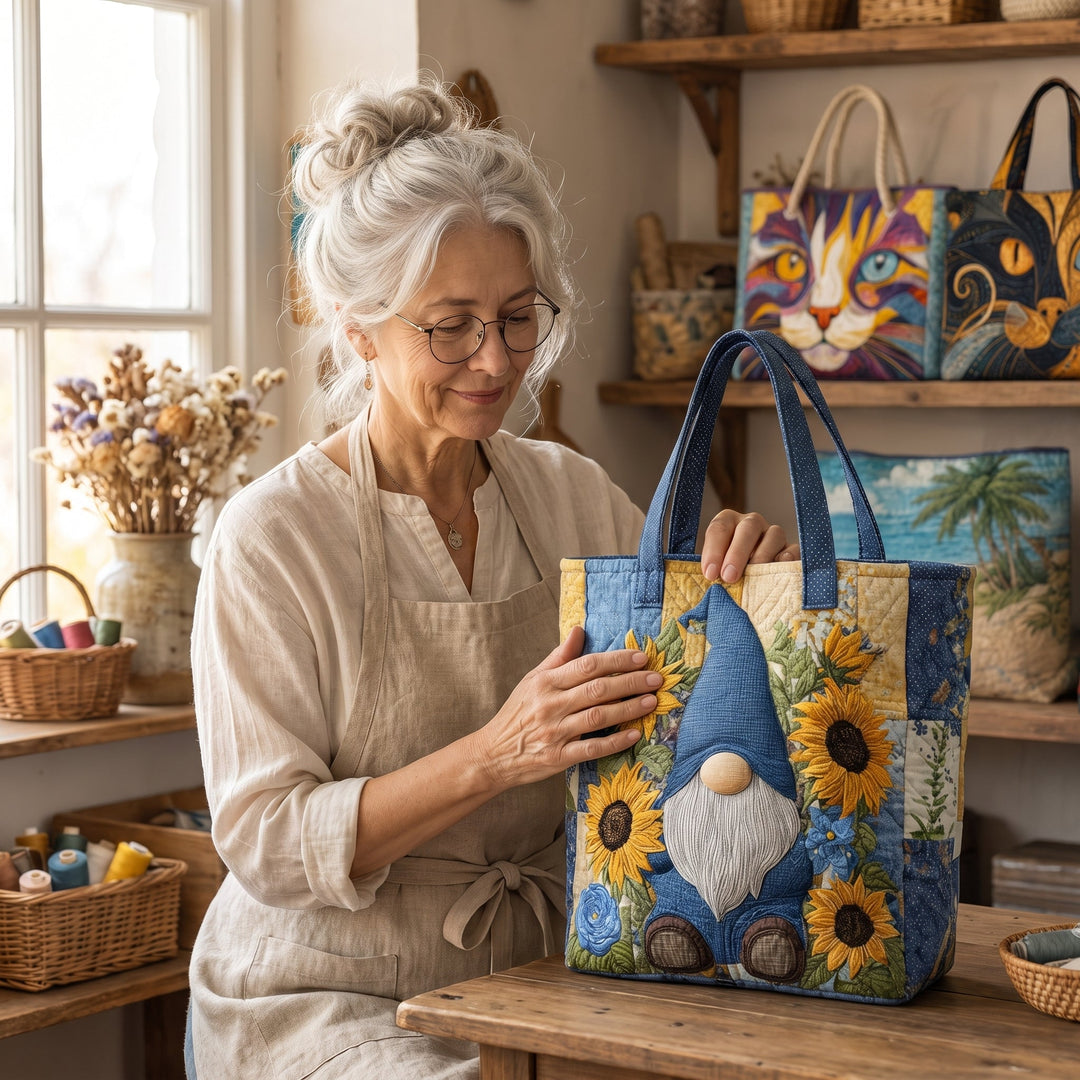 Sunflower Gnome Quilted Tote Bag