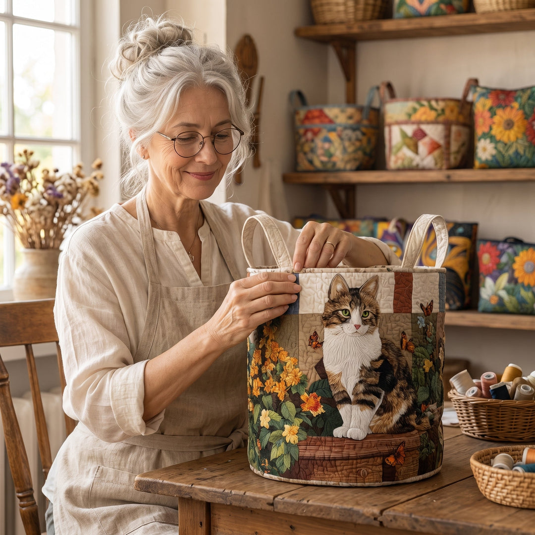 Cat Among the Petals Quilted Laundry Basket