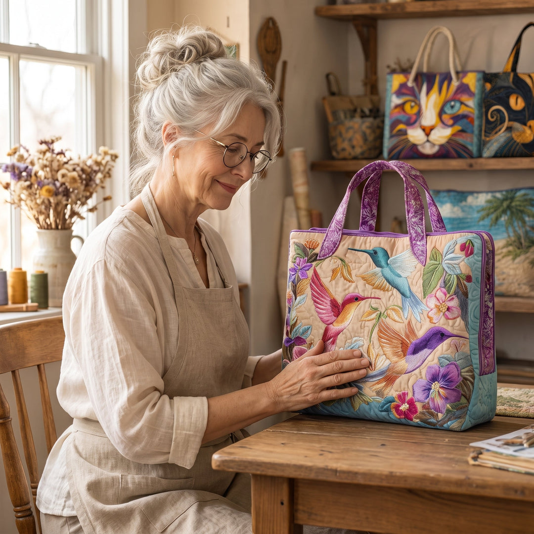 Hummingbird Flower Quilted Tote Bag