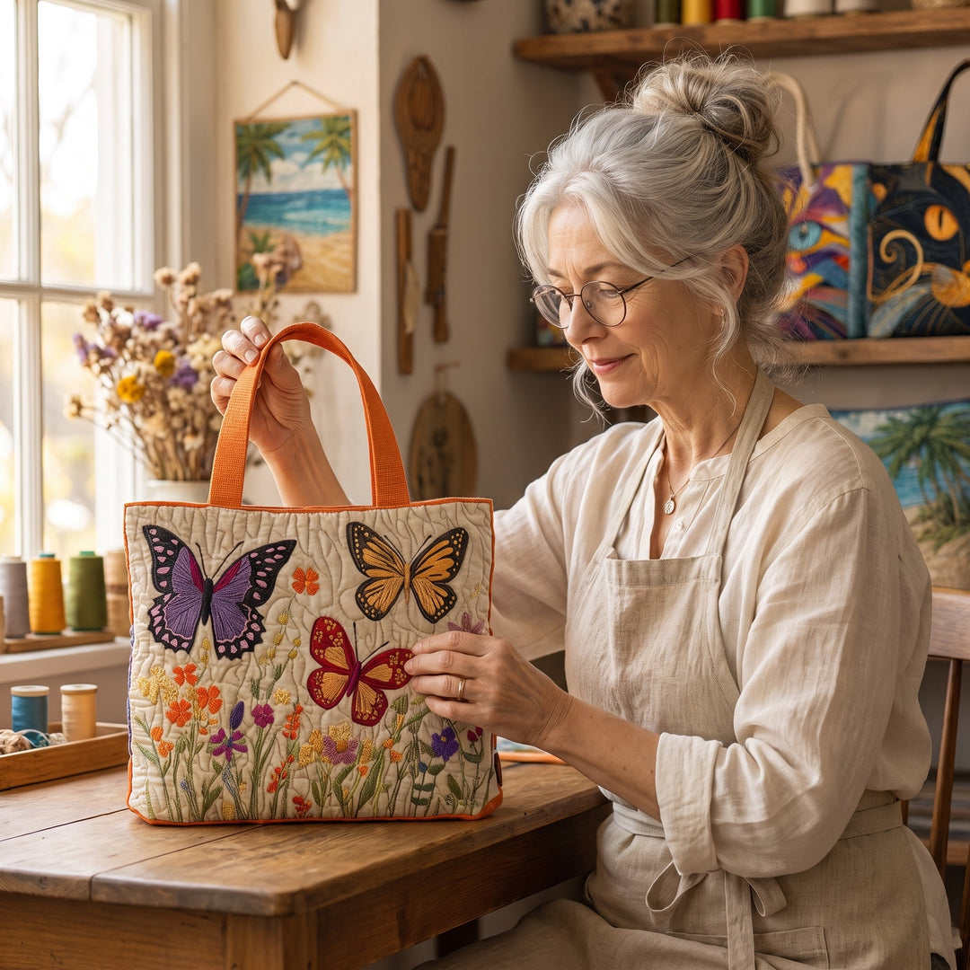 Butterfly Flower Garden Quilted Tote Bag