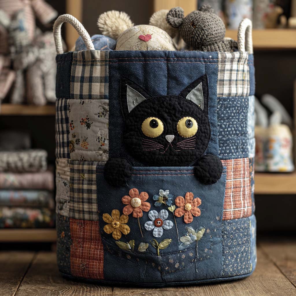 Denim Cat Quilted Laundry Basket